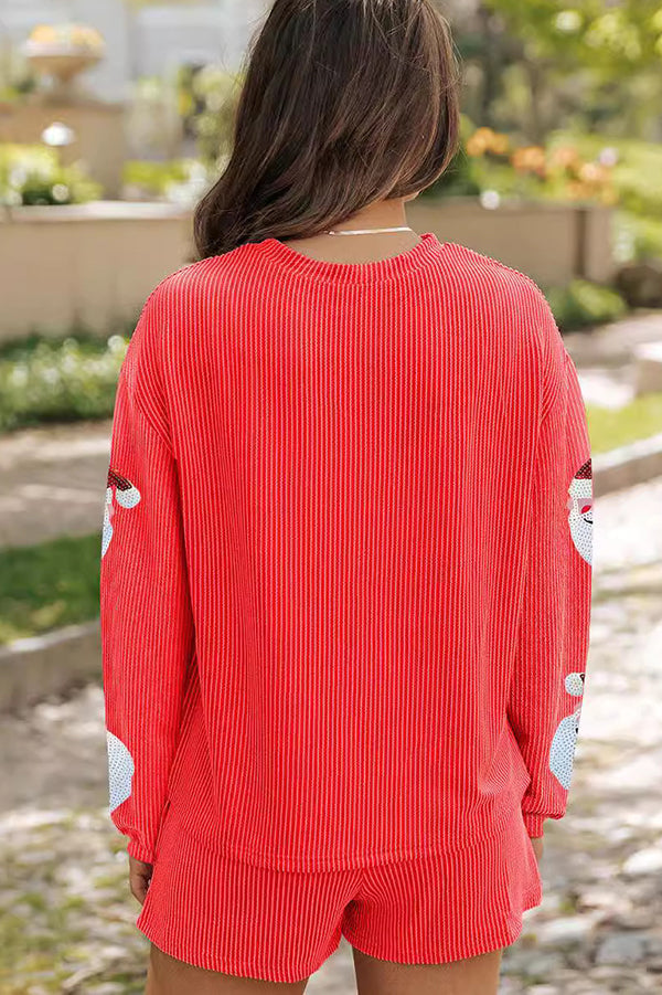 Christmas Sequined Loose Long-sleeved Top and Elastic Waist Casual Shorts Set-consonak