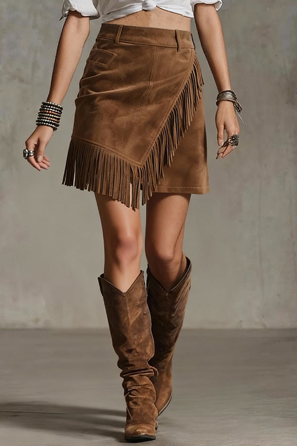 Retro Suede Casual Asymmetrical Fringed Hem Mini Skirt-consonak