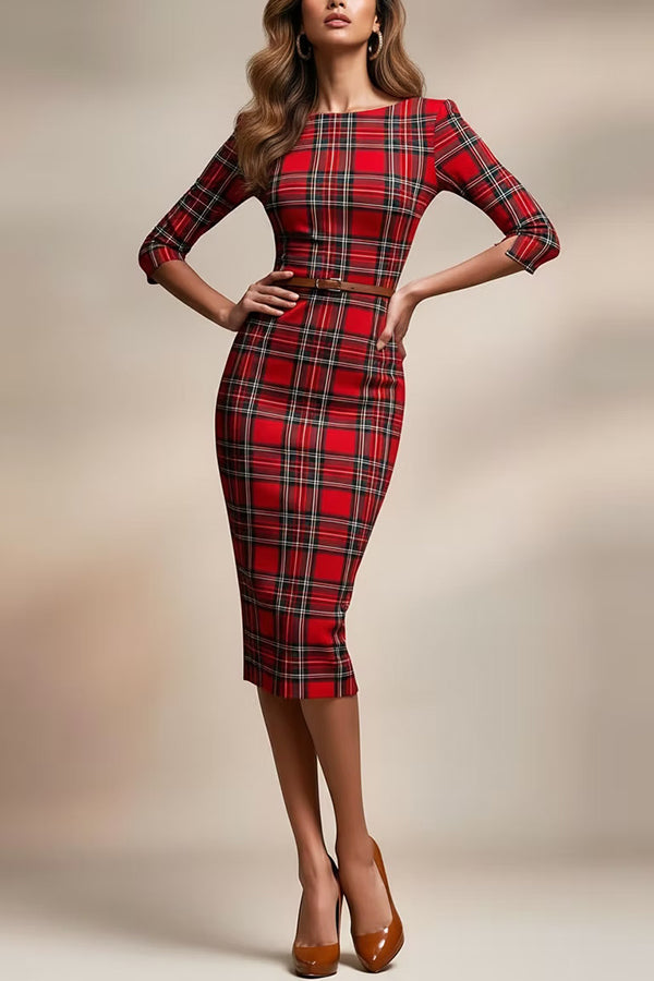 Plaid Print Half Sleeves Fitted Elegant Midi Dress-consonak