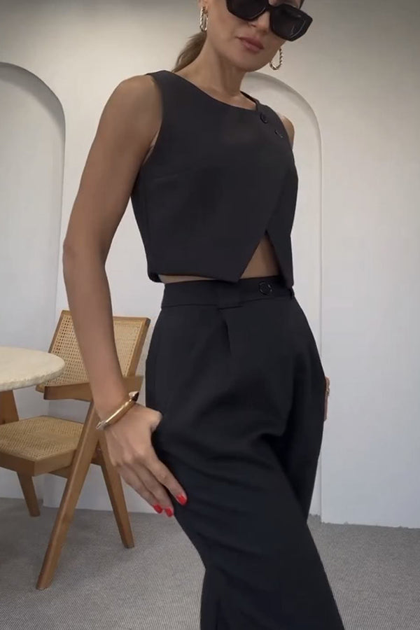 Balvin Linen Blend Cross Button Neck Crop Vest and High Rise Pocketed Pants Set-consonak