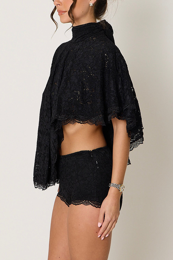 Carmen Lace Bow-tie Round Neckline Ruffle Cape Overlay Top