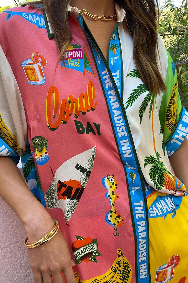 Kissed By The Sun Satin Unique Print Colorblock Button Down Oversized Blouse | Consonak