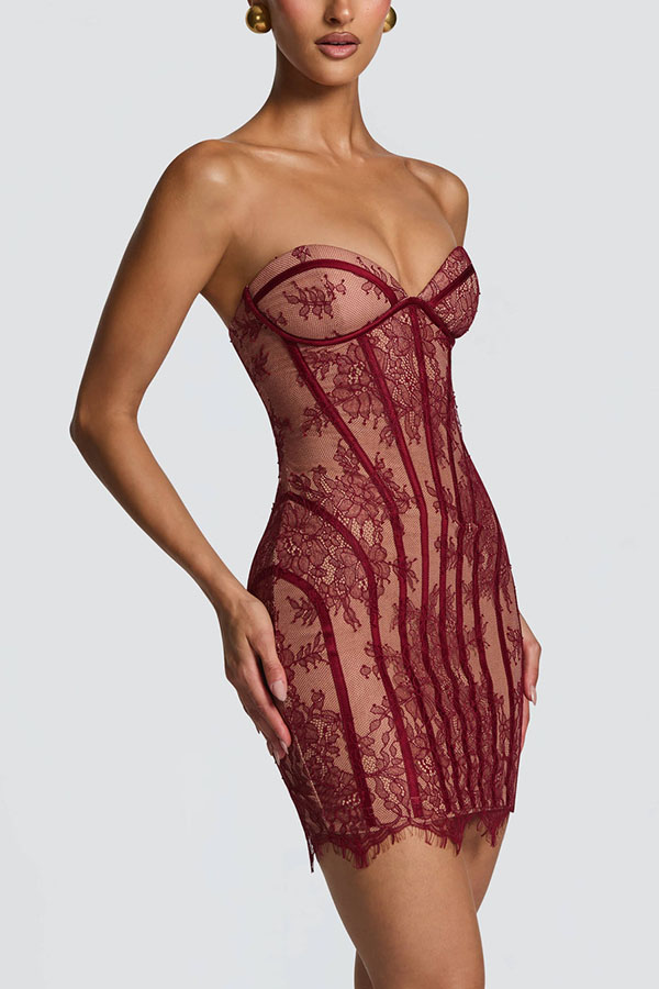Jaya Floral Lace Contrast Structural Detail Back Lace-up Strapless Slit Maxi Dress | Consonak