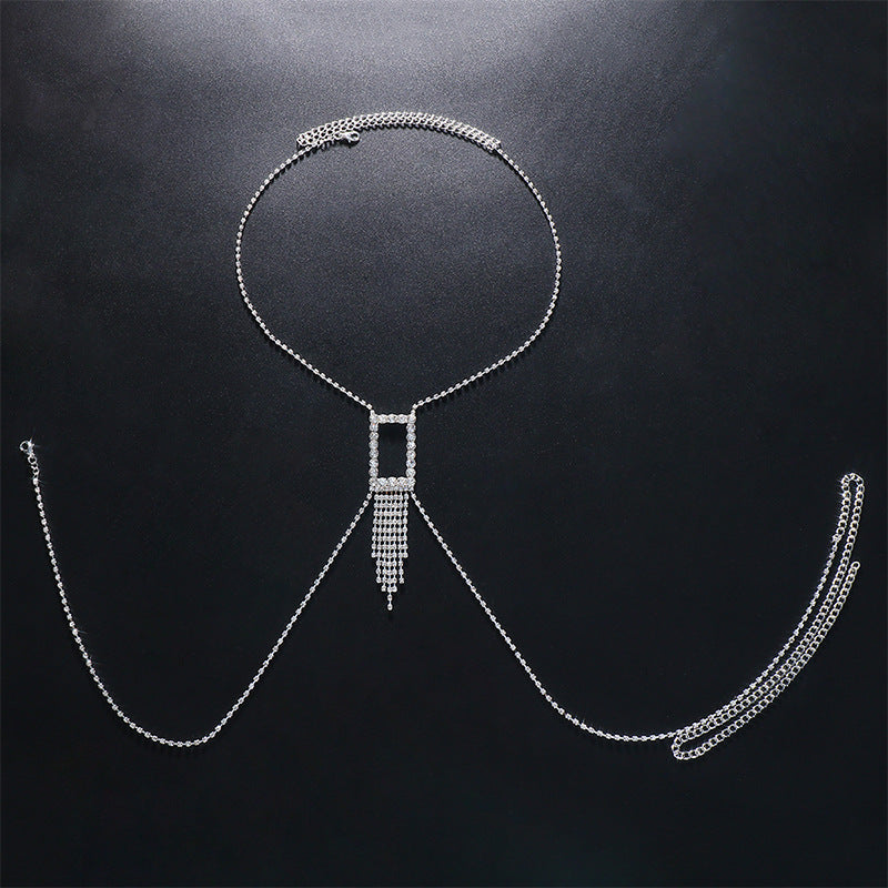 Sexy Rhinestone Hollow Square Tassel Body Chain-consonak