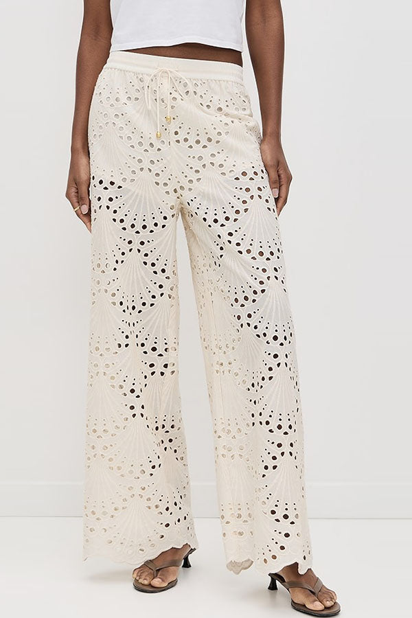 Lillah Embroidered Lace Shell Pattern Elastic Waist Pocket Wide Leg Pants | Consonak