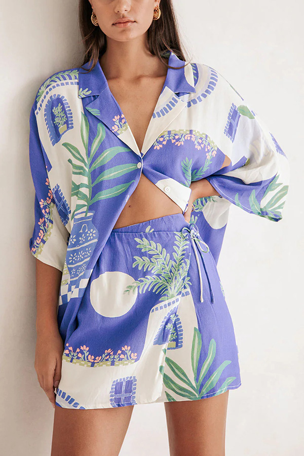 Balmy Summer Nights Unique Print Loose Shirt and Elastic Waist Wrap Lace-up Skirt Set-consonak