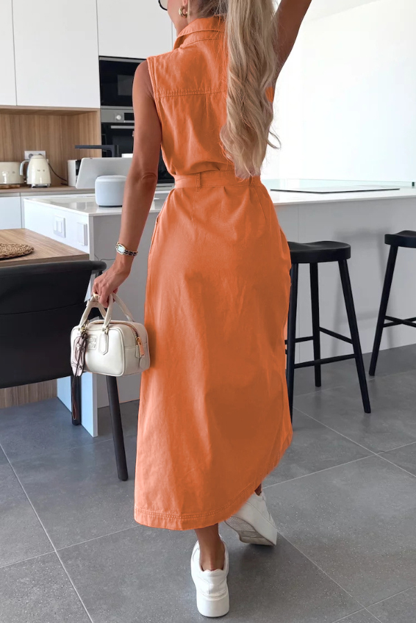 Solid Color Sleeveless Single Breasted Waist Tie Casual Pocket Denim Midi Dress | Consonak