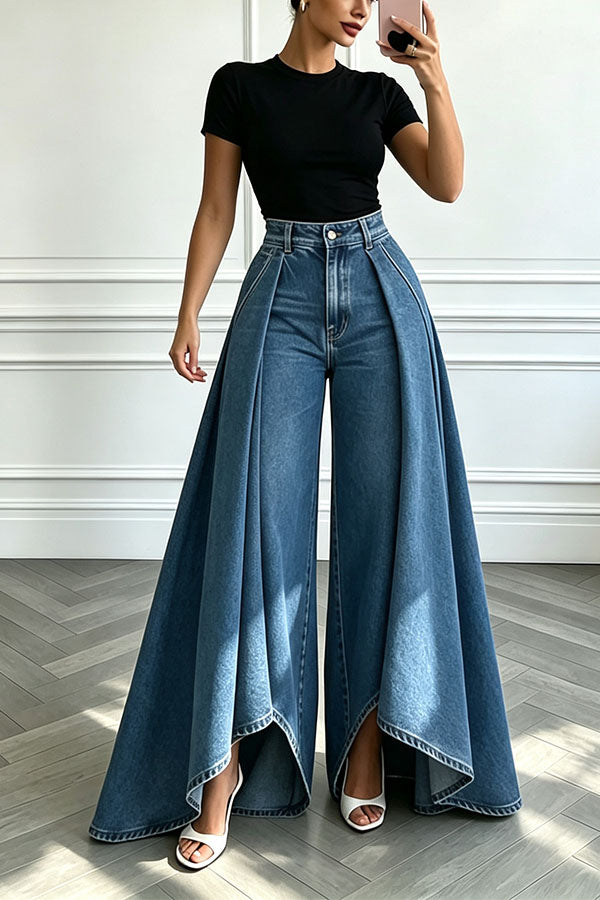 High-Waist Overlay Wide-Leg Jeans-Consonak