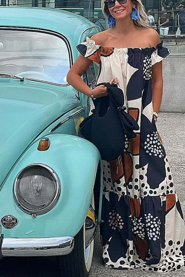 Bloom Season Linen Blend Floral Printed Off Shoulder Pocketed A-line Maxi Dress-consonak