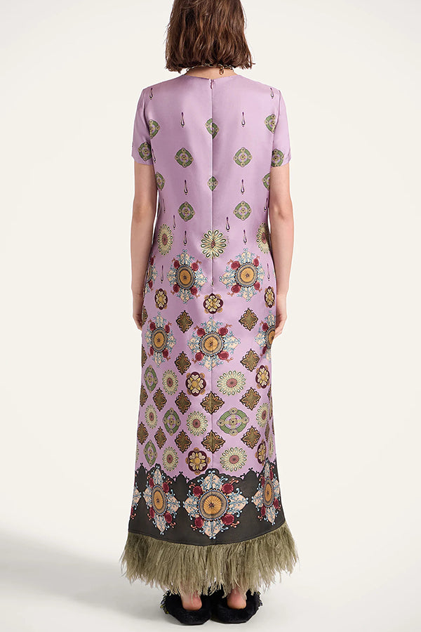 Lucia Satin Baroque Court Style Printed Short Sleeve Pocket Feather Trim Maxi Dress | Consonak