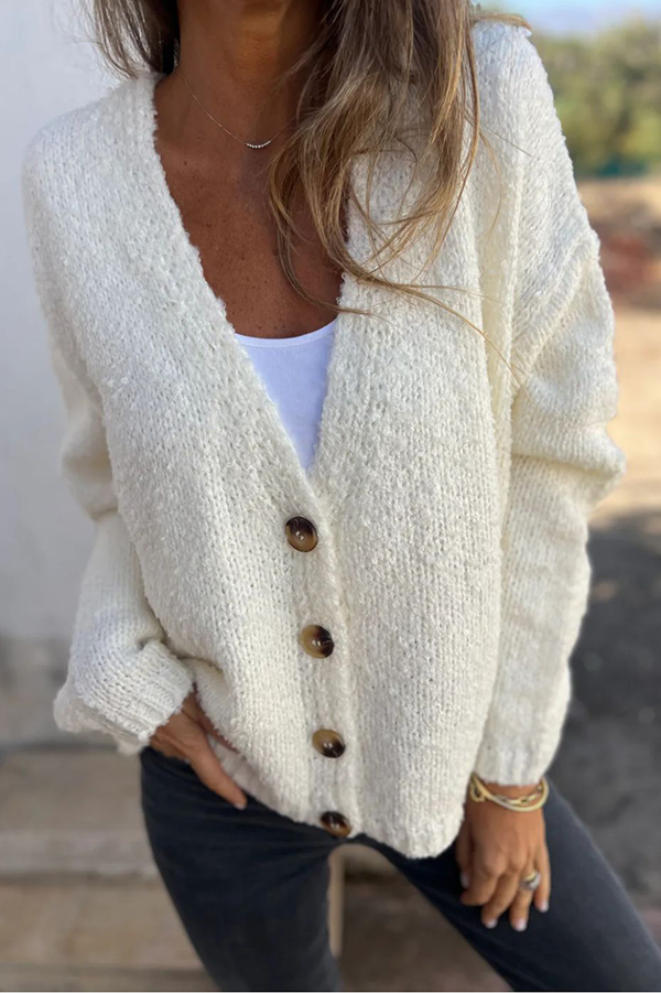 Solid Color V-neck Long-sleeved Fashionable Knitted Cardigan-consonak