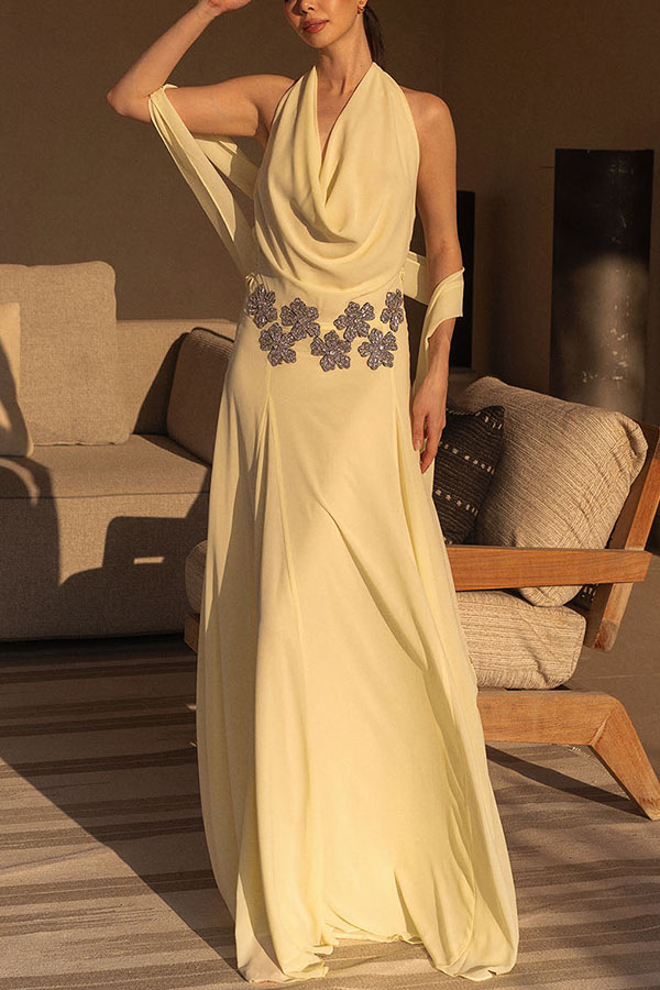 Santal Chiffon Detachable Halter Cowl Neck Scarf Floral Diamante Trims Maxi Dress-consonak