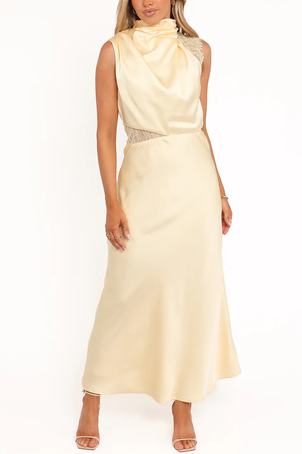 Touch of Allure Satin Drape High Neck Lace Detail Maxi Dress