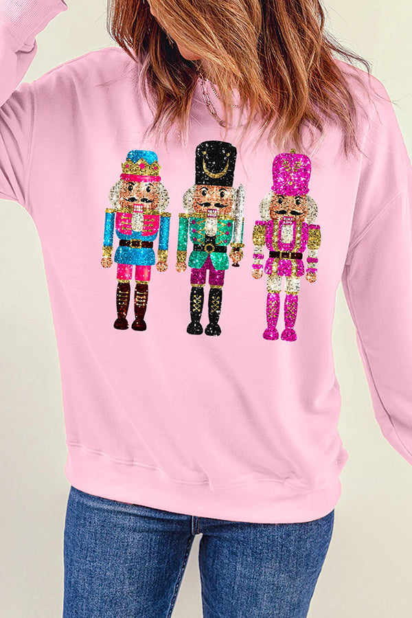 Christmas Soldier Sequin Loose Crew Neck Long Sleeve Sweatshirt-consonak