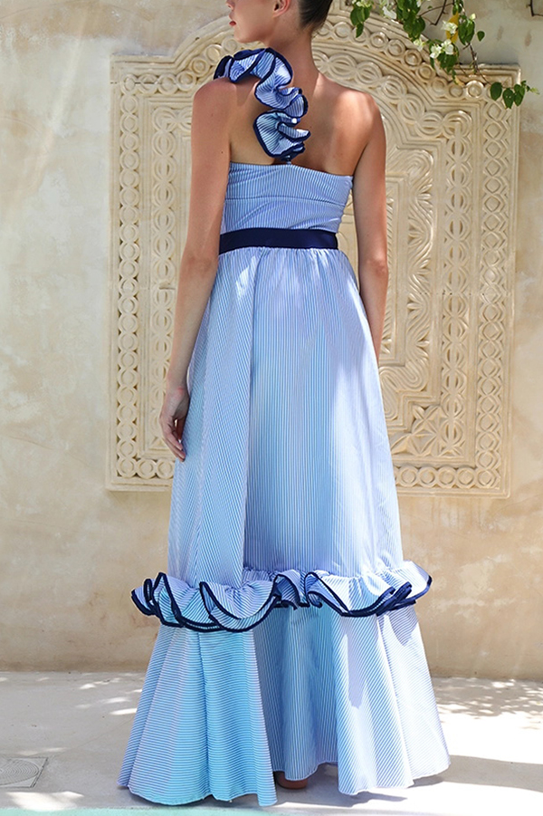 Striped Print Elegant Ruffle Trim Vacation Maxi Skirt-consonak