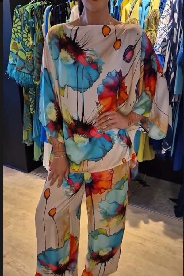 Satin Botanical Print Crew Neck Casual Top and Elastic Waist Loose Pocket Pants Set-consonak