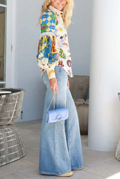 Love Frees Me Linen Blend Unique Print Balloon Sleeve Button Shirt-consonak