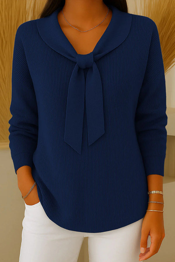 Solid Color Loose-fitting Tie-waist Long-sleeved Knit Sweater-consonak