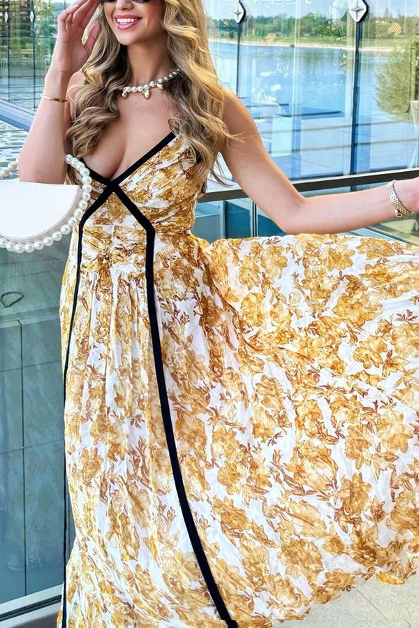 Violet Contrast Unique Print Pleated Backless Strappy Maxi Dress-consonak