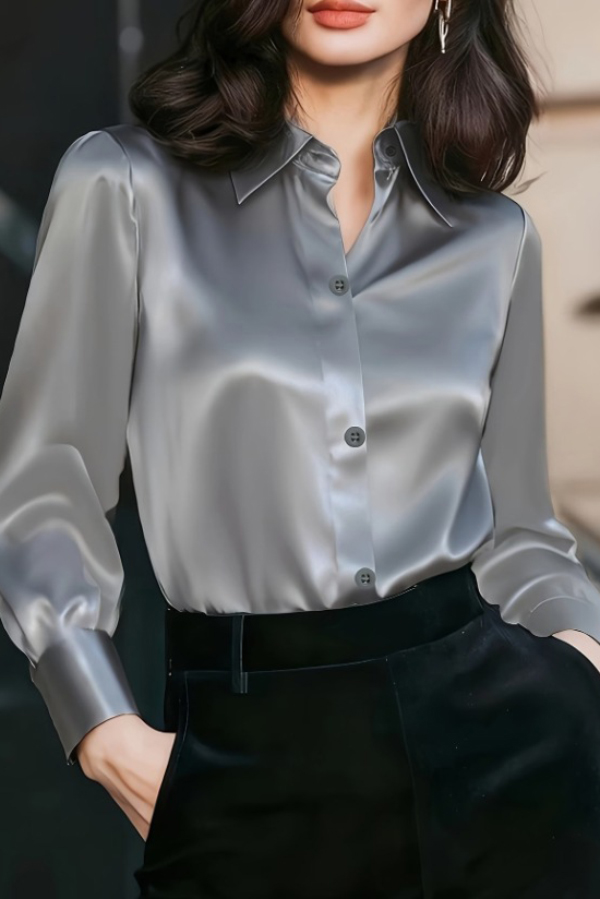 Solid Color Collared Long-sleeved Casual Button-down Shirt-consonak