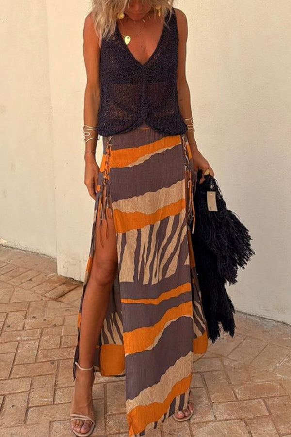 Bendita Colorblock Print Elastic Waist Side Lace-up Slit Maxi Skirt-consonak