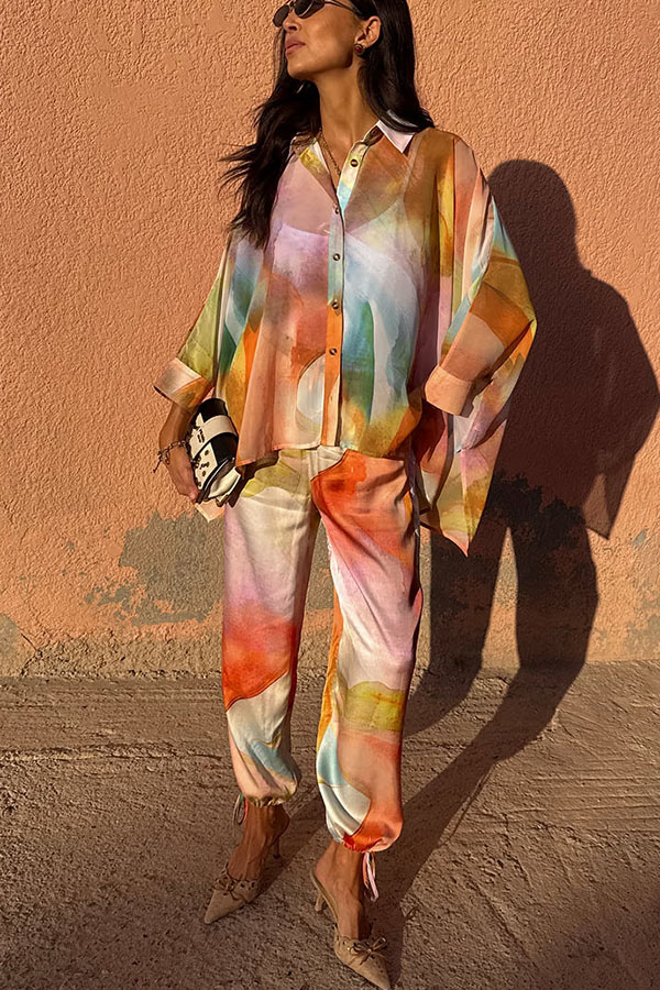 Vacation View Colorful Abstract Print Button Long Batwing Sleeve Oversized Blouse-consonak