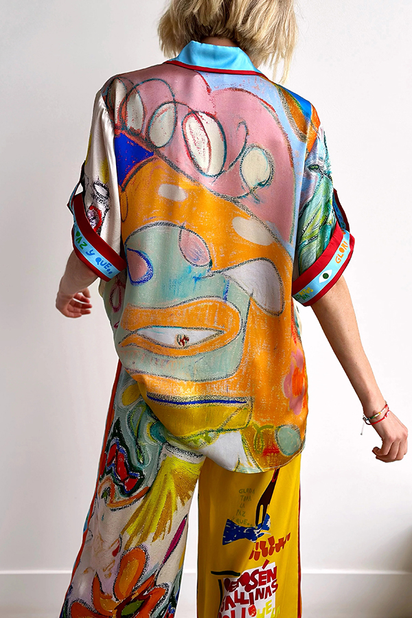 Raina Satin Unique Print Short-sleeved Loose Shirt and Elastic Waist Pocket Pants Set-consonak