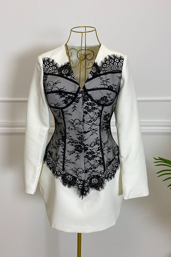 Saela Contrast Lace Corset Design V-neck Long Sleeve Tulip Mini Dress-consonak