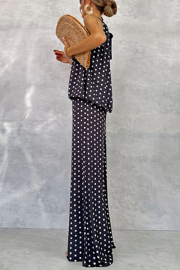 Imanie Polka Dot Print Back Tie-up Tank and Elastic Waist Wide Leg Pants Set-consonak