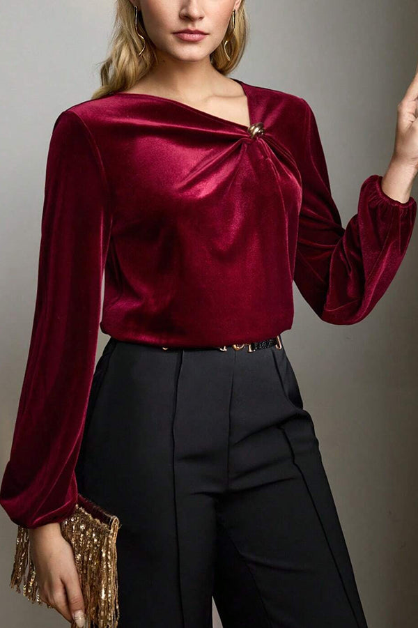 Fashionable Velvet Pleated Long-sleeved Knotted Casual Top-consonak