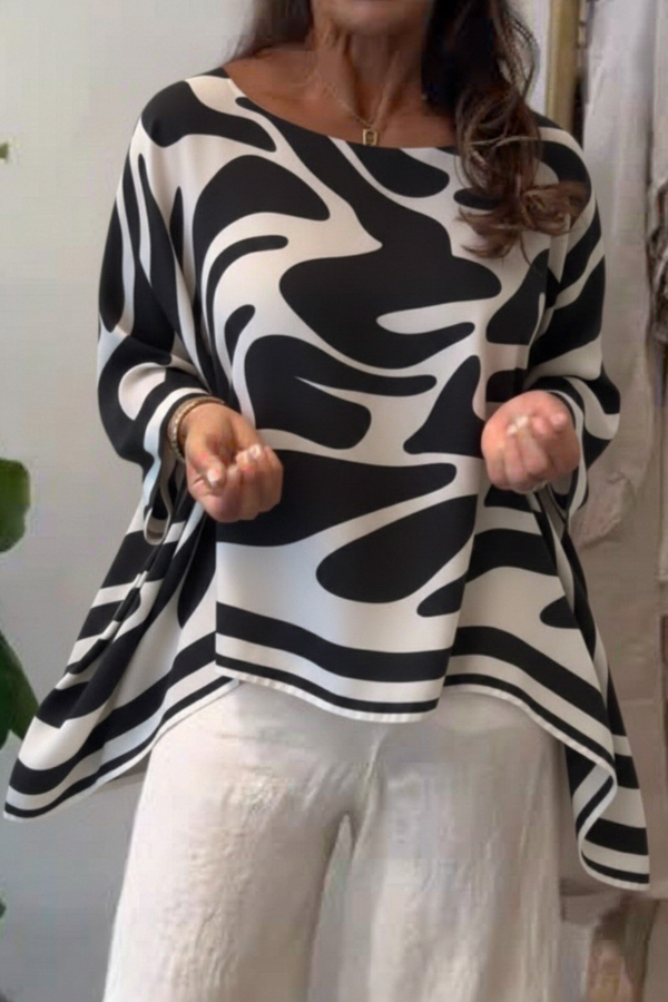Irregular Print Round Neck Batwing Sleeve Chiffon Loose Top