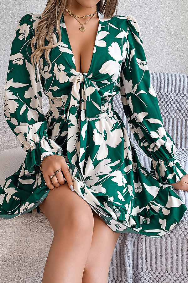 Floral Print V-neck Lace-up Long-sleeve Elastic Waist Mini Dress-consonak
