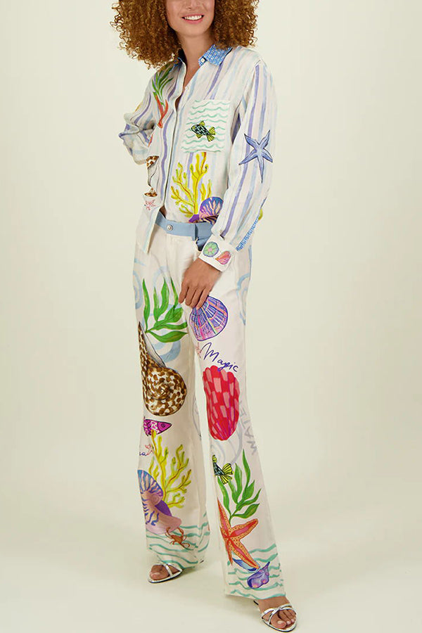 Dream Ocean Satin Unique Print Back Elastic Waist Pocketed Wide Leg Pants | Consonak