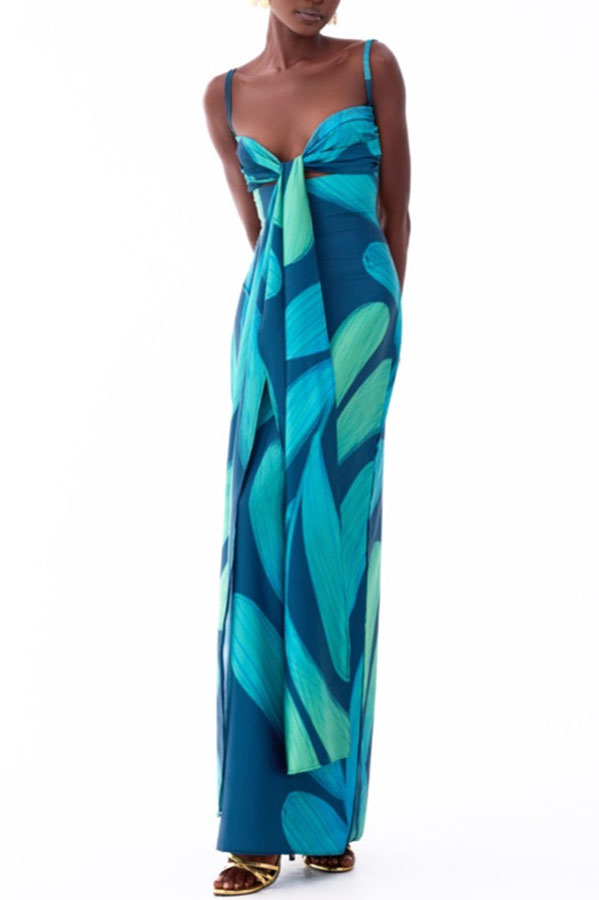 Verona Satin Leaf Pattern Front Tie-up Cutout Slip Drape Maxi Dress-consonak