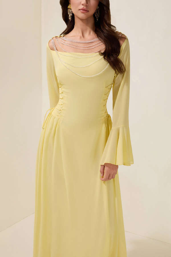 Fashionable Beaded Long-sleeved Square-neck Fitted Waist Tie Maxi Dress-consonak