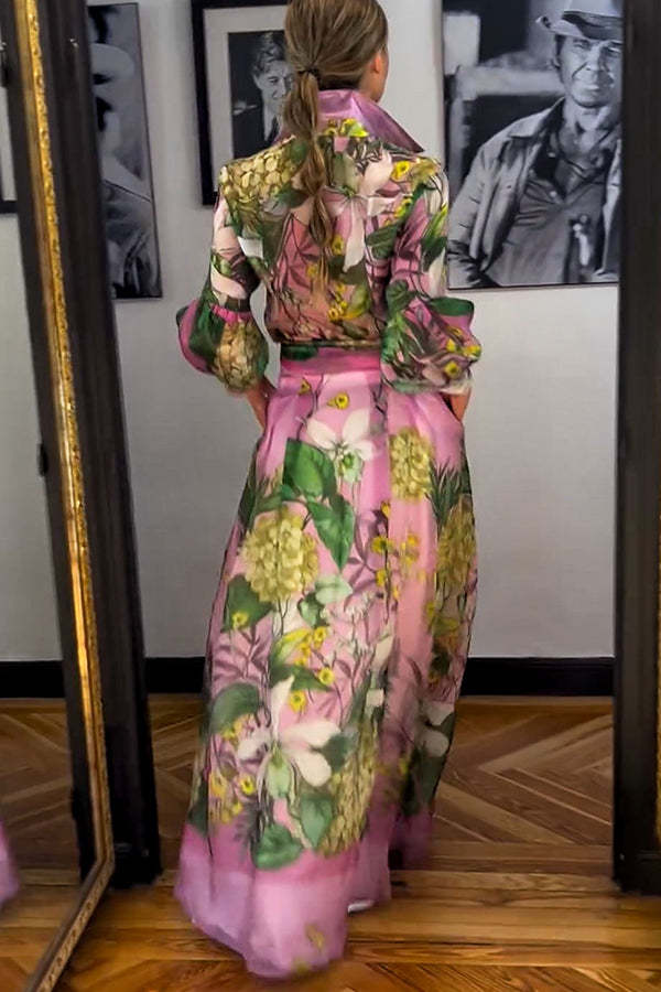 Seeds of Happiness Tulle Floral Print Balloon Sleeve Belt Blouse-consonak