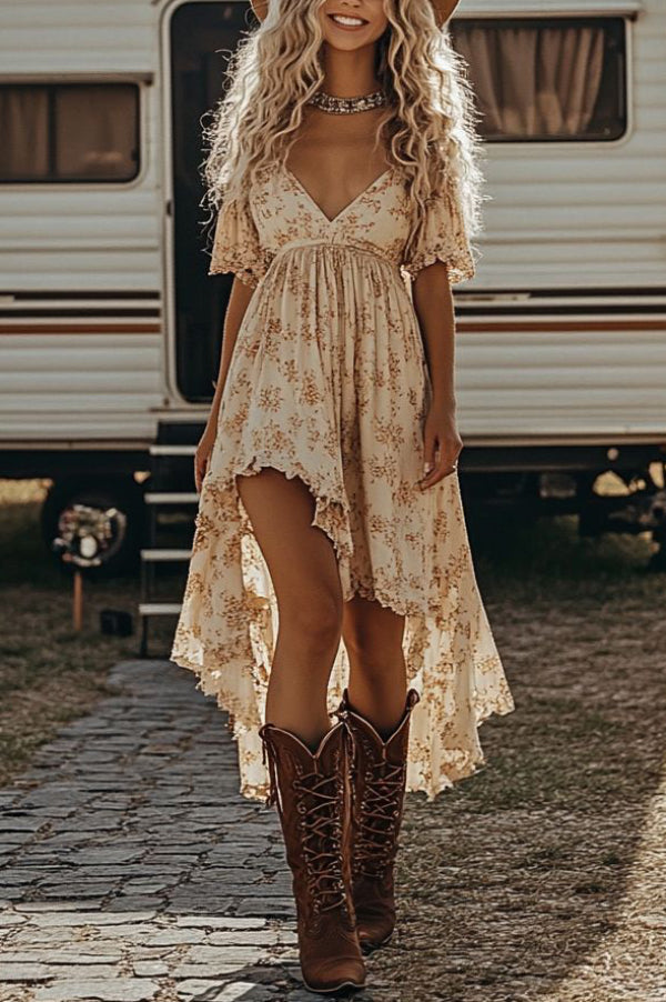 Floral Print V-neck Short-sleeved Fitted Waist Asymmetrical Midi Dress | Consonak