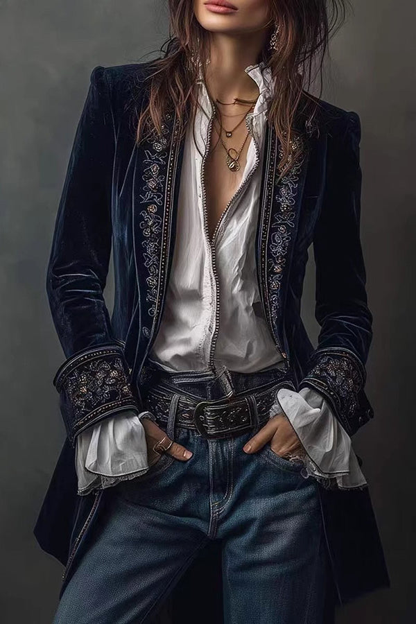 Gold Velvet Patchwork Printed Edge Long-sleeved Casual Jacket | Consonak