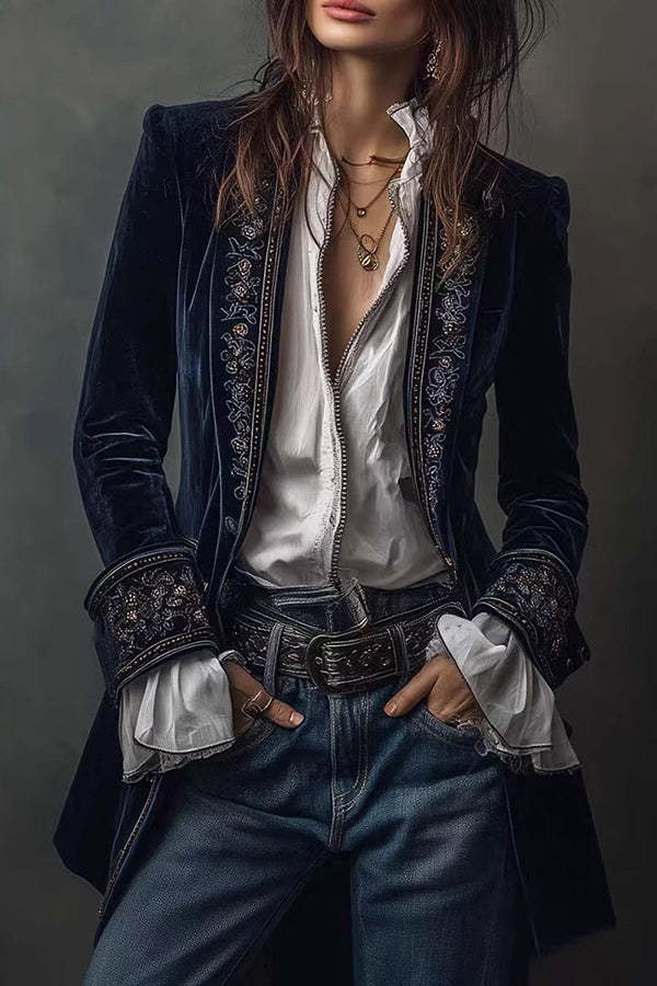 Gold Velvet Patchwork Printed Edge Long-sleeved Casual Jacket-consonak