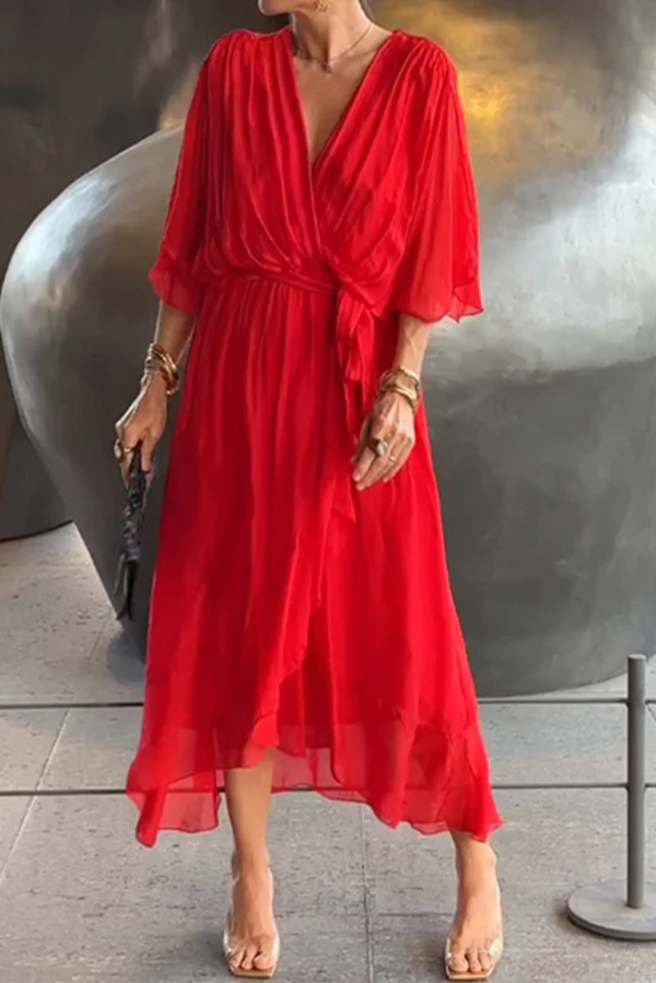 Solid Color V-neck Bat Sleeve Lace-up Irregular Hem Midi Dress | Consonak