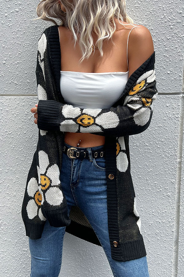 Smiley Floral Print Button Cardigan-consonak