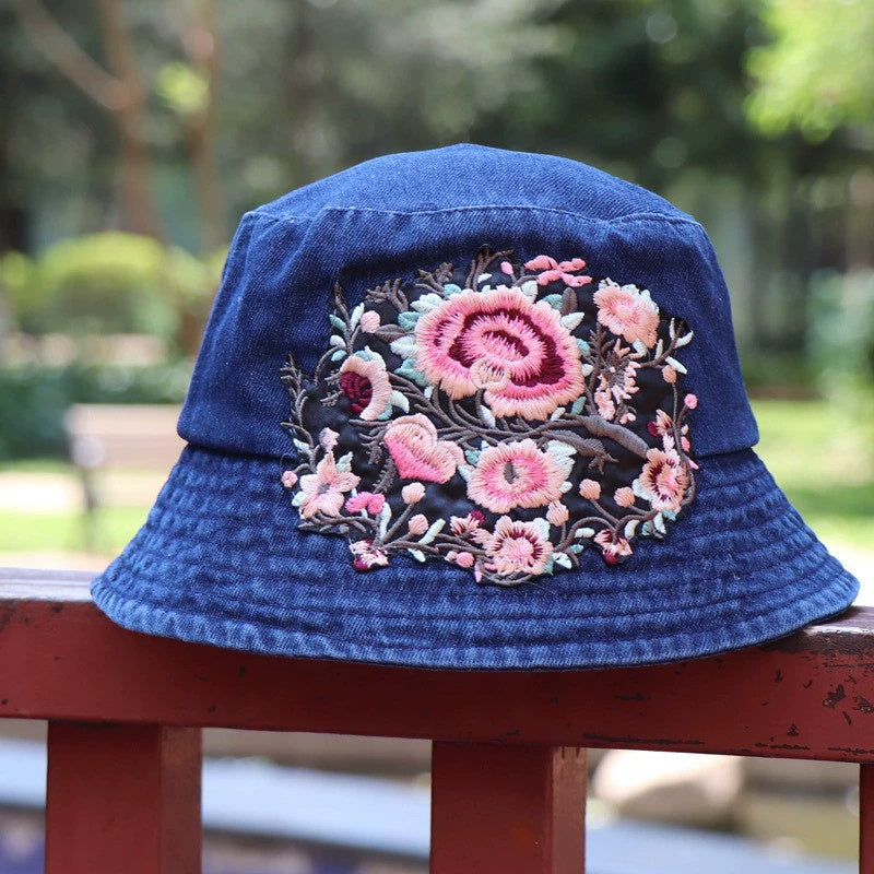 Fashionable Ethnic Style Embroidered Denim Bucket Hat-consonak