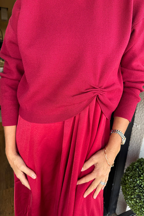 Practical Fashion Knit Ruched Sweater and Satin Stretch Tank Midi Dress Two-piece Set | Consonak