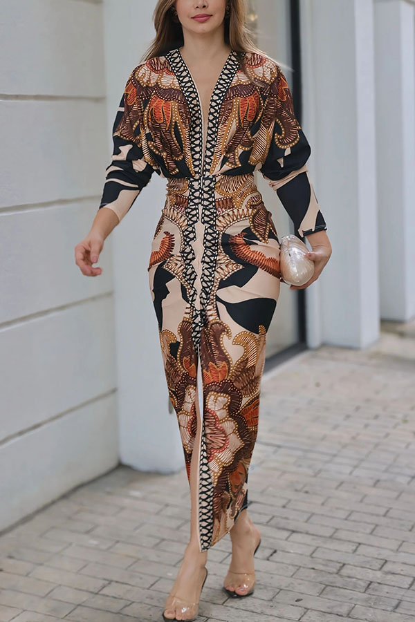 Brazilian Style Unique Print Dolman Long Sleeve Ruched Slit Midi Dress  Vestidos-consonak