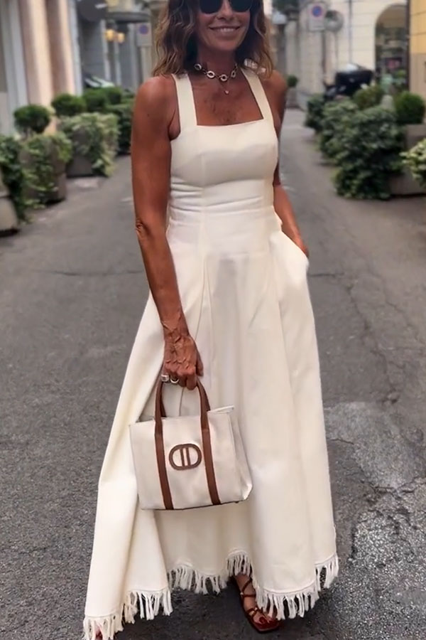 Viki Linen Blend Square Neck Wide Strap Side Button Pocket Tassel Trim Midi Dress-consonak