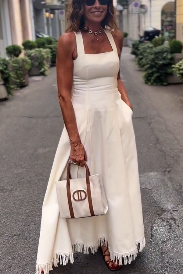 Viki Linen Blend Square Neck Wide Strap Side Button Pocket Tassel Trim Midi Dress-consonak