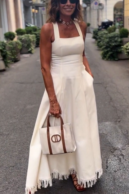 Viki Linen Blend Square Neck Wide Strap Side Button Pocket Tassel Trim Midi Dress-consonak