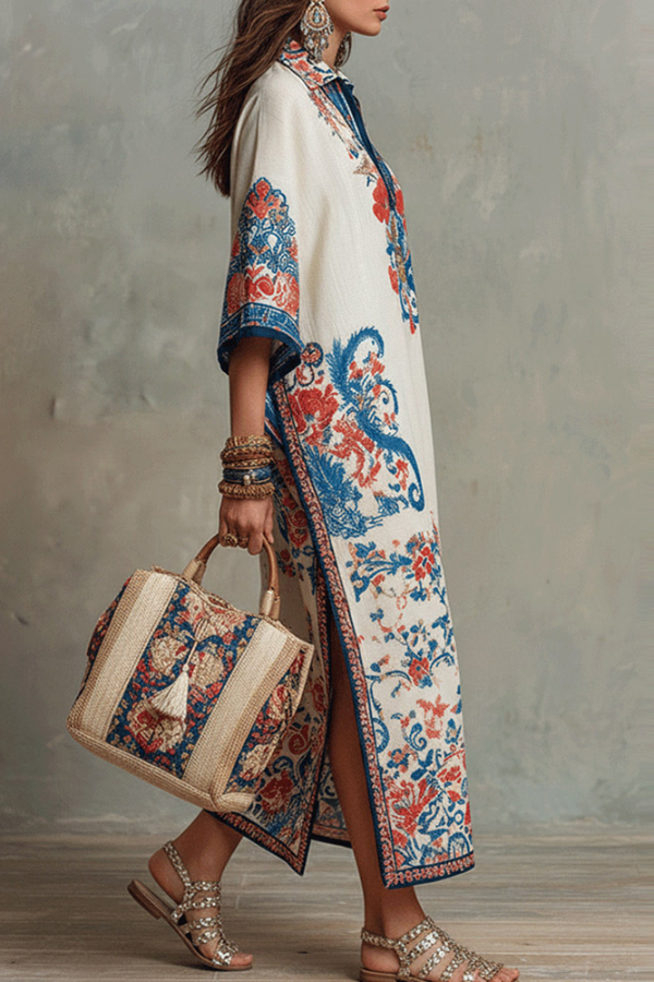 Unique Print Loose V-Neck Casual Slit Maxi Dress