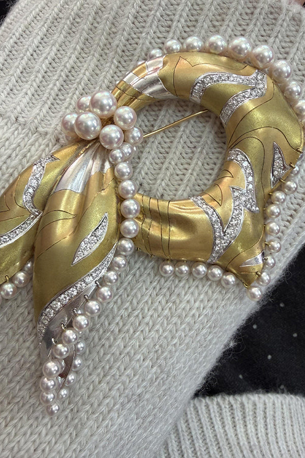 Vintage Silk Scarf and Shell Pearl Brooch-Consonak