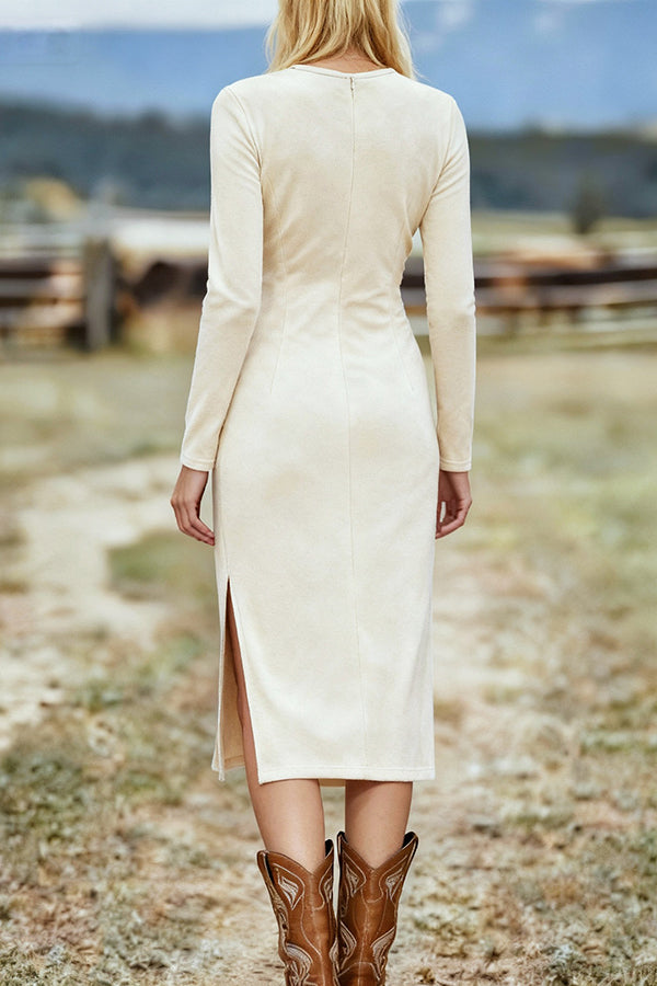 Solid Color Round Neck Long-sleeved Suede Slim-fit Tassel Midi Dress-consonak